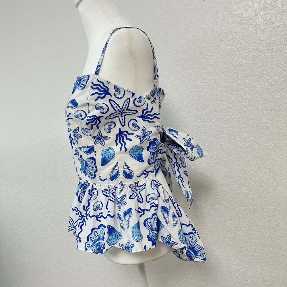 ON 34th Peplum Cami Top Womens XL Blue White Seashell Nautical Bow Coastal - Picture 5 of 8